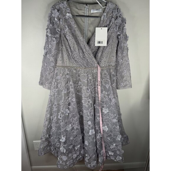 Mac Duggal Floral Sterling Silver Lace A-Line Tea Length Cocktail Dress Size 14 - Picture 6 of 8